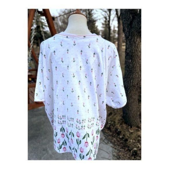 Vintage 90s Nite Angels 100% Cotton T-Shirt Pink Tulips Sleepwear Shirt Sz 3X - Picture 5 of 9